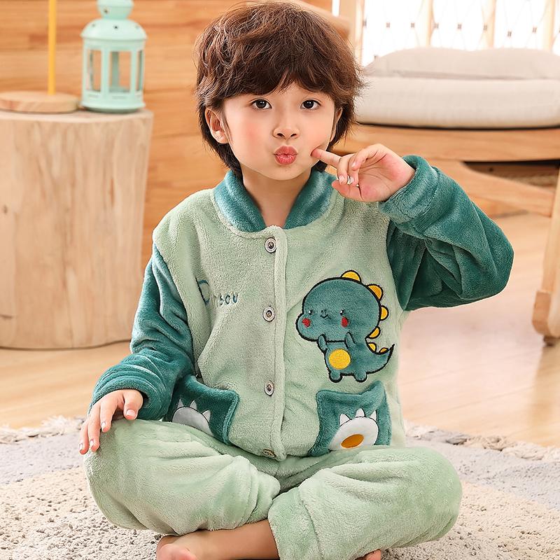 Children's flannel pajamas boys autumn and winter boys middle and big children thickened coral fleece winter homewear suit