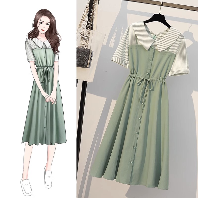 Plus-Size Women's Artistic Style Preppy Slimming Mid-Length Dress 2026 Summer New Fat mm Dress That Covers the Belly, Slims the Waist, and Reduces Age