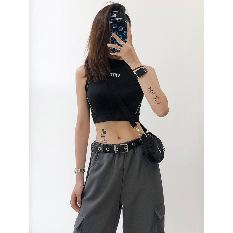 Semi-high-neck vest women's summer wear inside reflective letter printing handsome functional small jazz umbilical top tide
