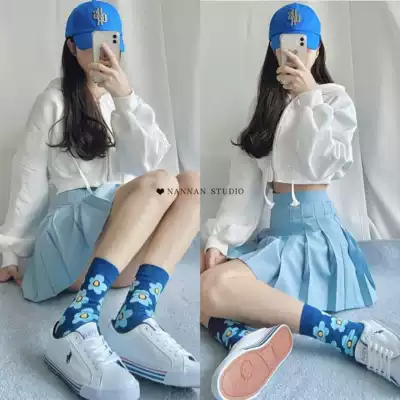 American retro legs White high waist milk blue pleated skirt skirt women's skirt a word anti-light college style skirt pants