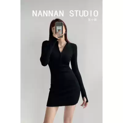 Sexy hot girl style zipper semi-high neck bag hip short skirt women's spring and autumn long-sleeved knitted small black skirt tight dress trend