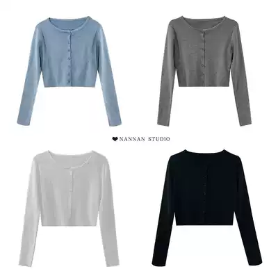 French niche retro single-breasted knitted cardigan sweet round neck high waist knitwear long sleeve navel top women