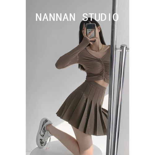 Кофейная осенняя юбка в складку, сексуальная мини-юбка, в американском стиле, высокая талия