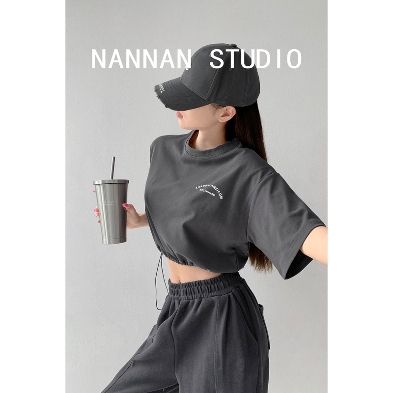 Street-Style American Drawstring Waist-Cinching Short Jazz Korean Dance T-Shirt for Women, Spring and Autumn Casual Loose Short-Sleeve Top, Trendy