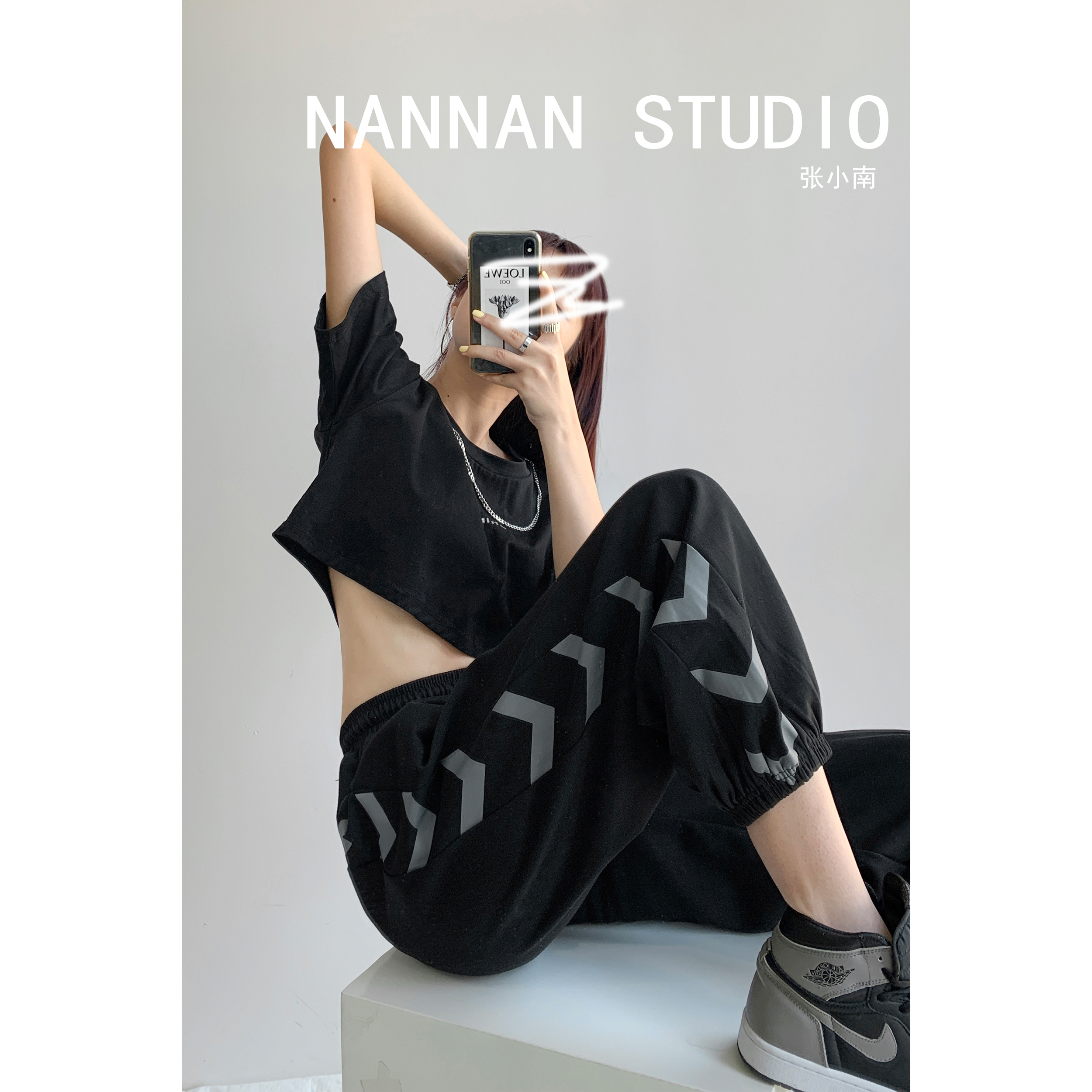 Elegant and elegant with handsome arrowhead printed sports pants female grey loose bunches casual pants Jazz Street Pants Summer