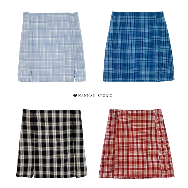 American girl college style high waist plaid skirt side split skirt Anti-light retro girl hip skirt Short skirt