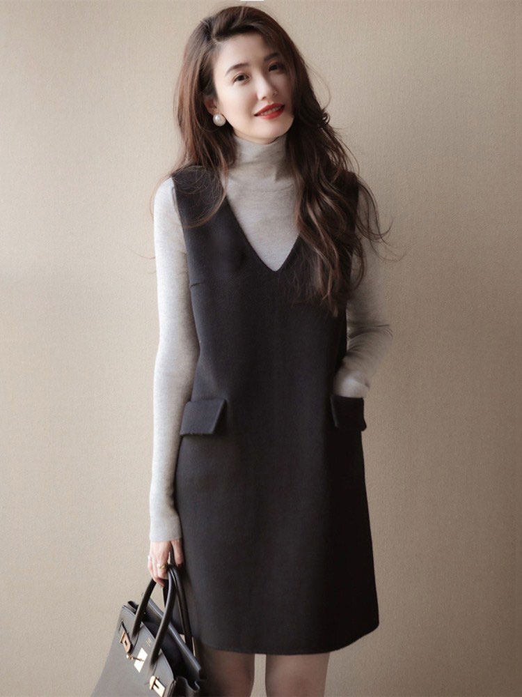 sandro bassa Hepburn wind black vest dress female autumn with high collar tight tightness two pieces suit