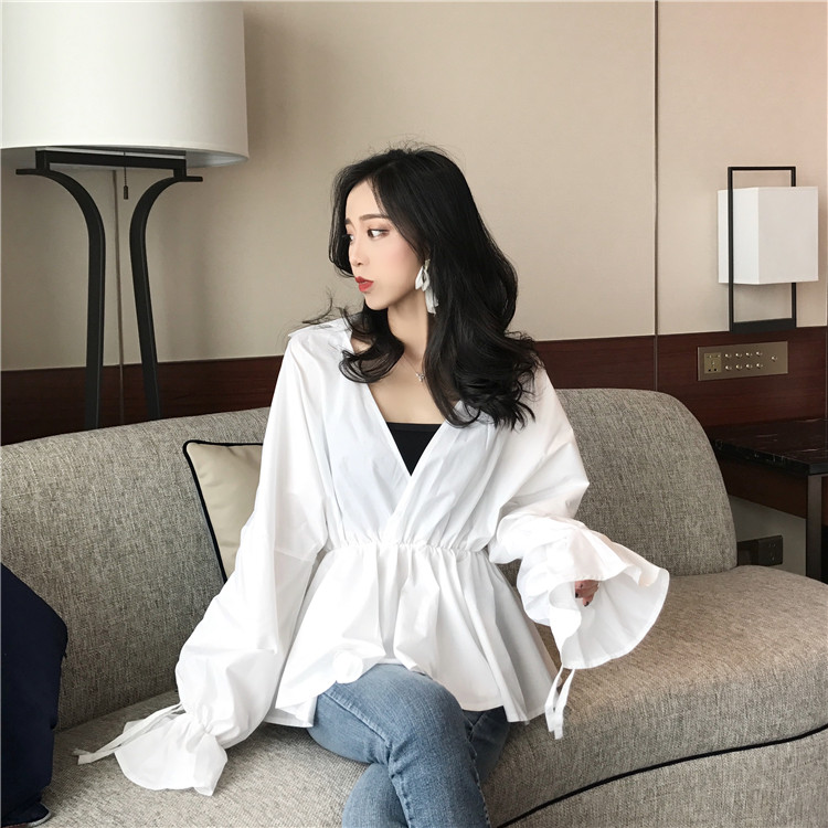 VK旗艦店 韓系慵懶設計抽繩白襯衫短袖上衣