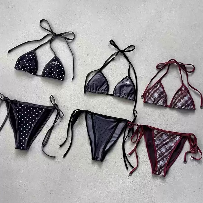 Korean Badblood Spicy Girl Triangle Cup Bra Women's Three-Point Lace-Up Bikini Sexy American Niche Lingerie