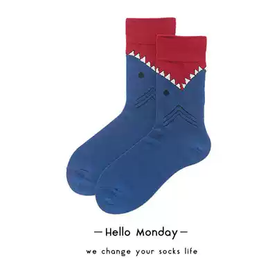 (Full five pairs) Blue shark socks midline socks trend socks men and women street trend socks neutral socks parent-child