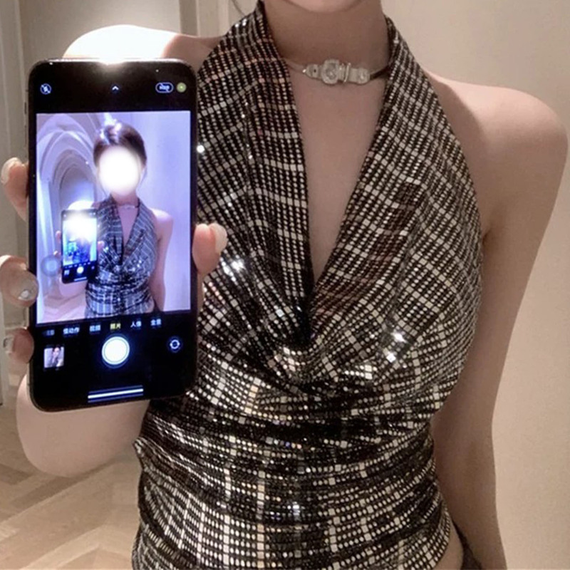Purely Sexy Style Sequined Halter Neck Tank Top for Women, Summer High-End Shiny Short Backless Top for Outerwear