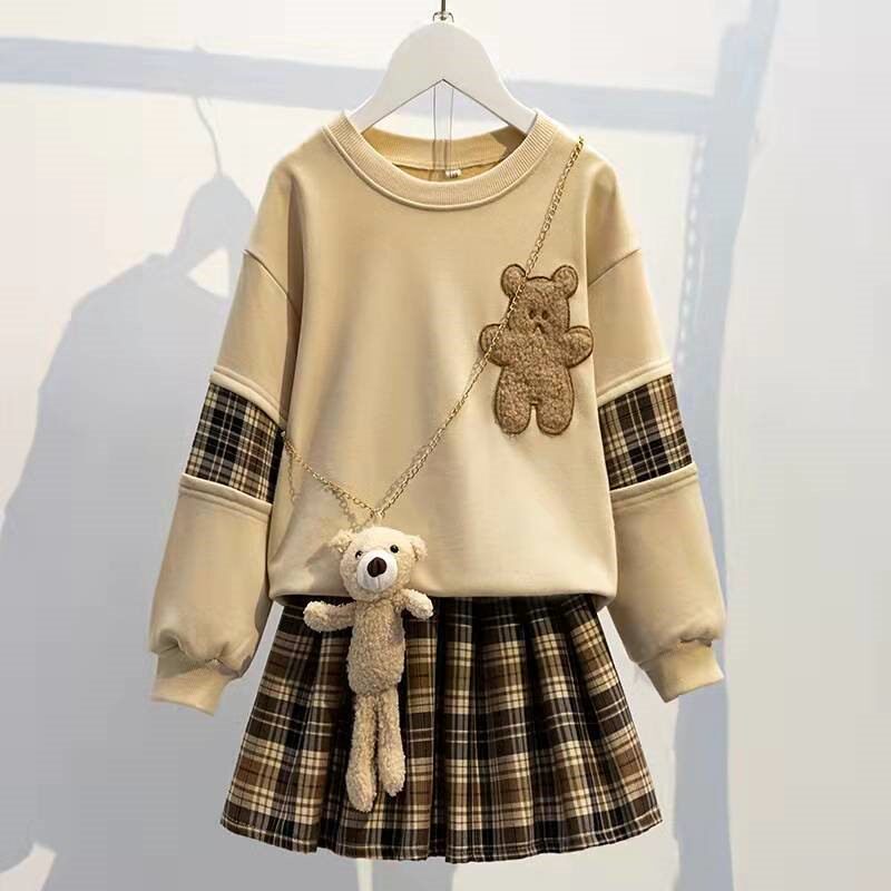 Girls suit autumn 2022 new middle and big children's spring and autumn JK short skirt two-piece suit little girl cotton casual top