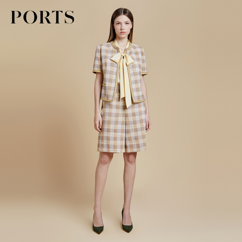 Ports Outlets Women's Spring Fashion Simple Retro Vichy Plaid Casual Tweed Short Jacket for Women Ports Outlets Women's Spring Fashion Simple Retro Vichy Plaid Casual Tweed Short Jacket for Women