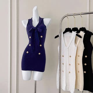 Xiaoxiang celebrity heavy industry jacquard ribbon slim fit hip sleeveless dress knitted women's short skirt temperament style high-end