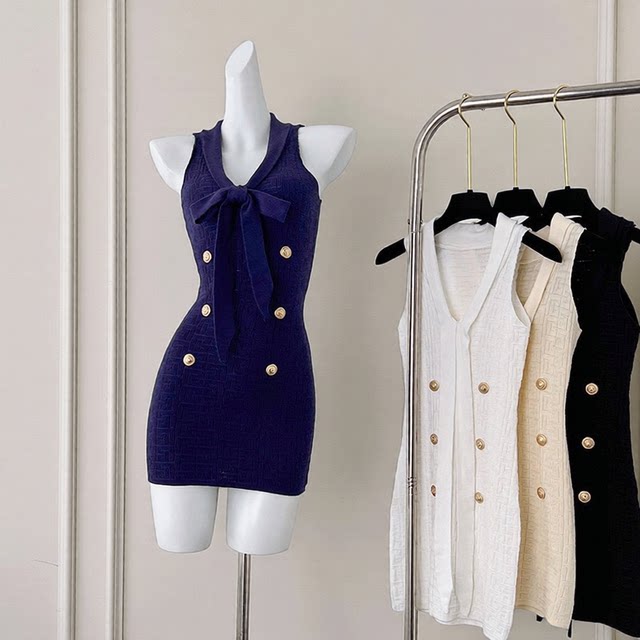 Xiaoxiang Celebrity Heavy Industry Jacquard Ribbon Slim Fit Hip Sleeveless Dress Knitted Women's Short Skirt Temperament Style High-end