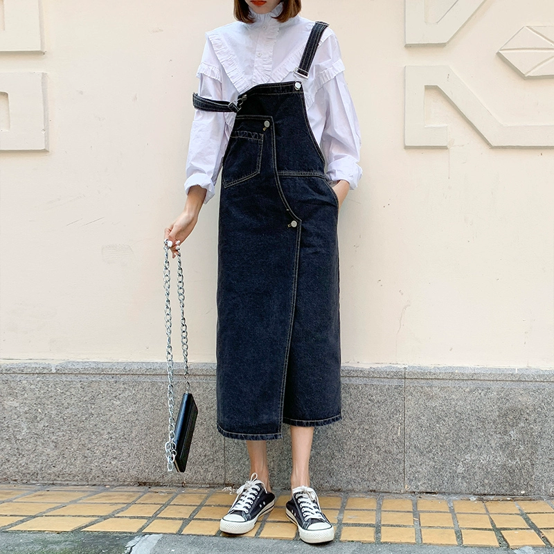 Thời trang denim váy nữ dây treo mùa xuân năm 2021 đầu mùa thu phong cách mới một dòng dây đeo Pháp váy dài - váy đầm