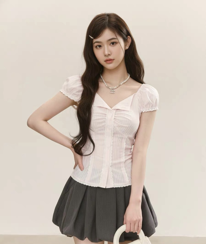 Qdqd Pink Lace Puff Sleeve Shirt for Women Summer Waist-Cinching Slimming Sweet Style Pleated Skirt Two-Piece Set
