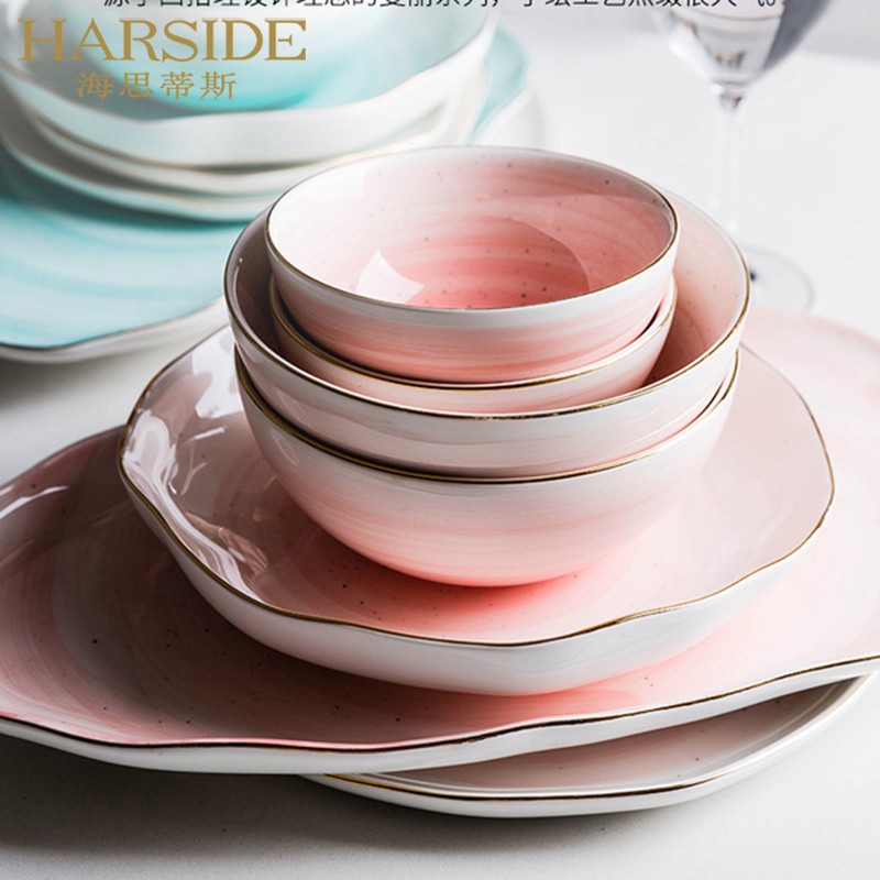 HARSIDE ceramic tableware bowls and dishes set household hand-painted textured large bowls and plates powder blue Nordic ins style