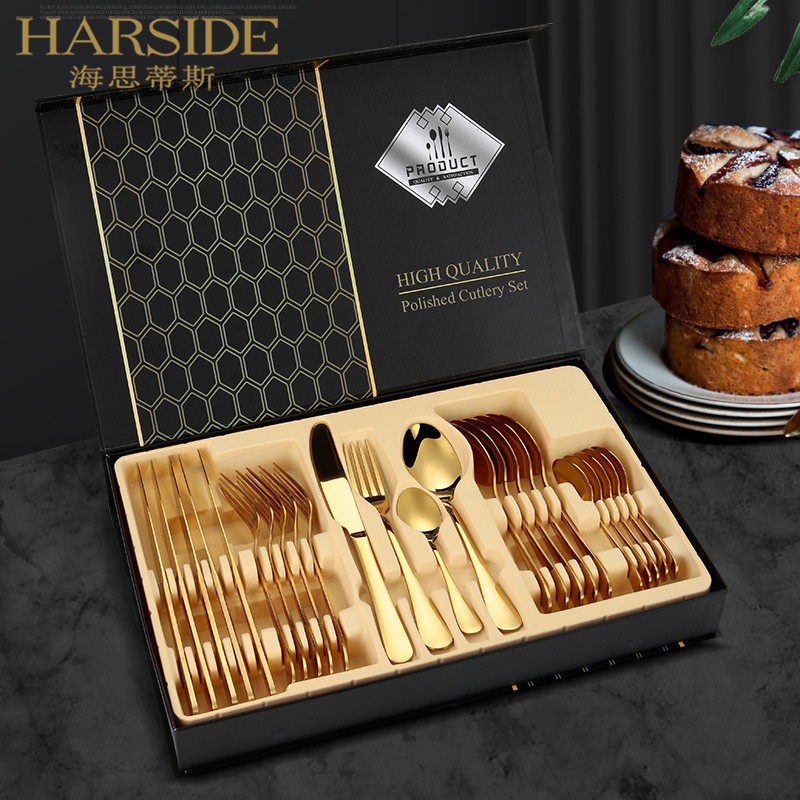HARSIDE Western tableware knife, fork and spoon combination stainless steel tableware 24-piece set 1010 titanium plated knife, fork and spoon