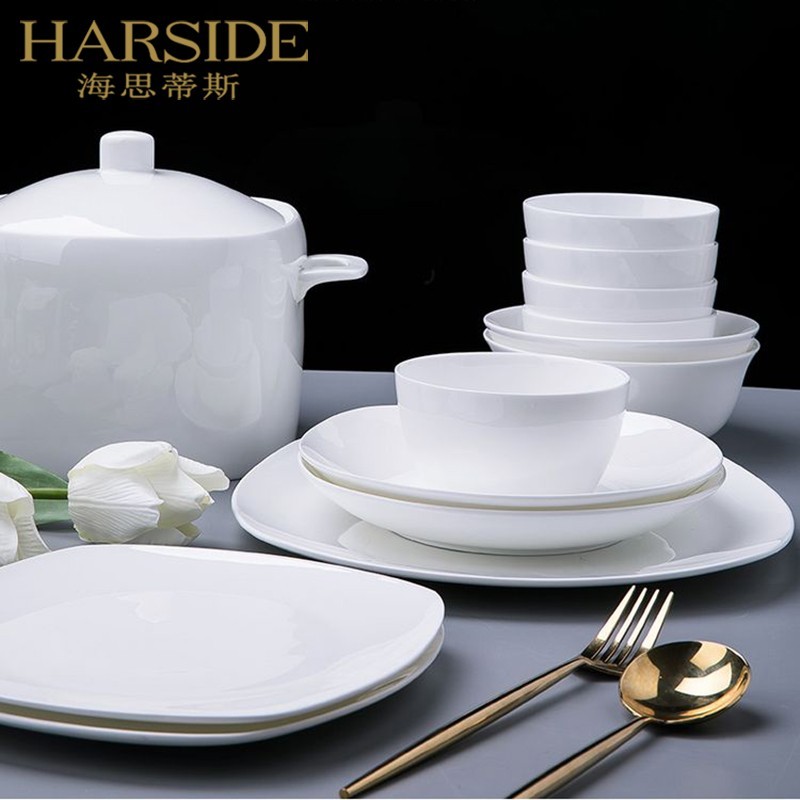HARSIDE Jingdezhen bone China tableware plate set underglaze color household simple pure white dishes and dishes combination