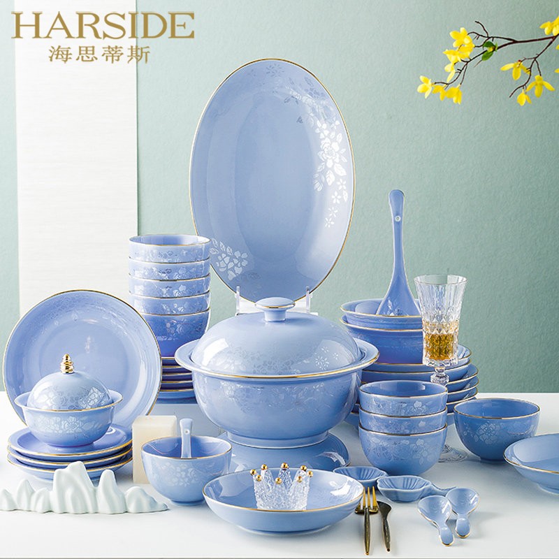 HARSIDE Jingdezhen ceramic tableware bowl and plate combination household Chinese simple bowl and plate set purple cherry blossom