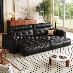 Zero wall black feather electric sofa leather adjustable retractable French Retro living room multifunctional straight row sofa bed