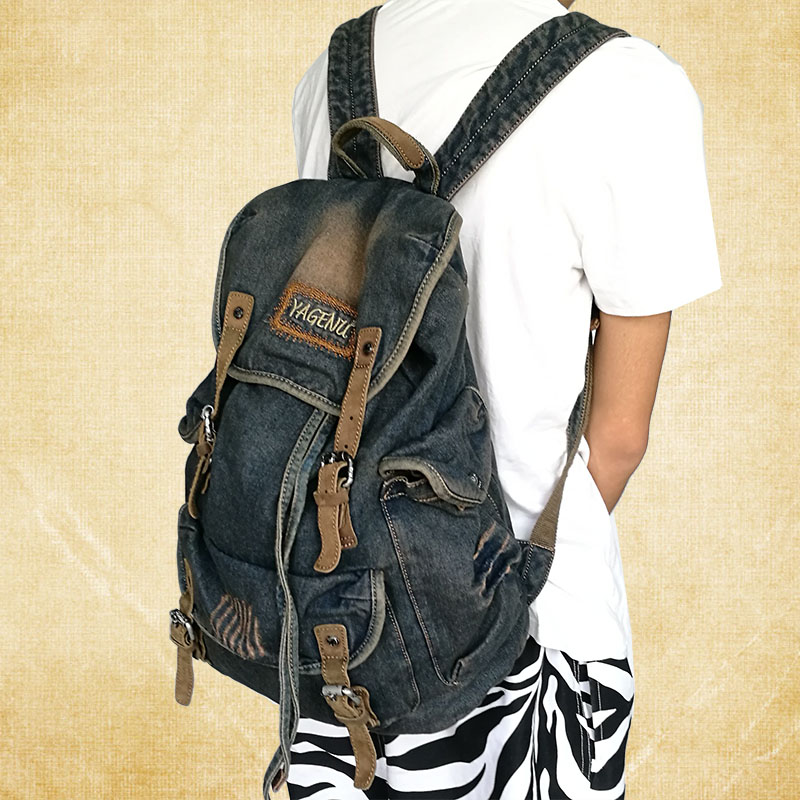 Denim with cowhide backpack men's retro canvas backpack casual large-capacity women's summer travel bag school bag tide