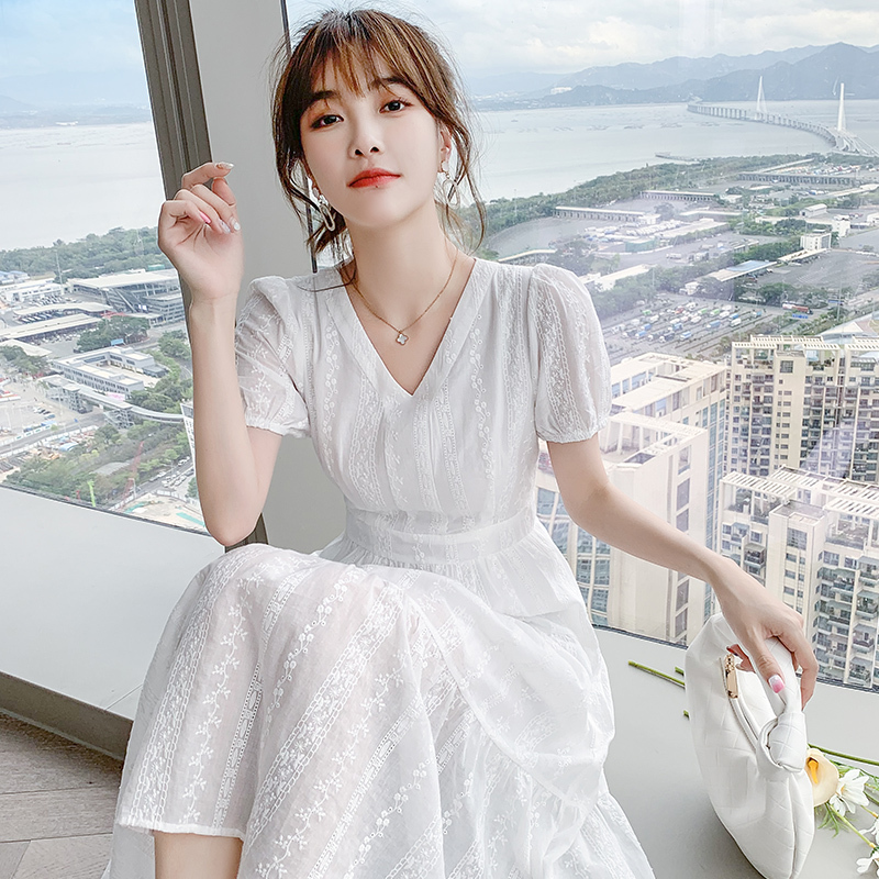 French Pure White Lace Dress for Women, Summer 2026 New Style, High-End Elegant Cotton Long Dress, Slimming Fairy Dress French Pure White Lace Dress for Women, Summer 2026 New Style, High-End Elegant Cotton Long Dress, Slimming Fairy Dress