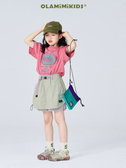 OLAMIMI定制 2024夏亲子盐系假两件腰带休闲轻薄户外工装短款裤裙