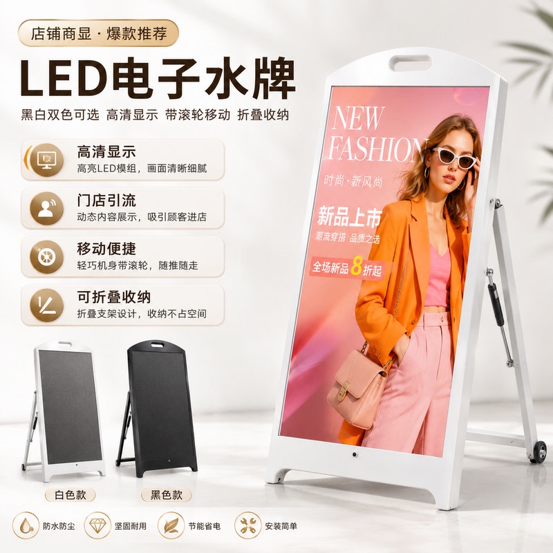 Led Electronic Water Sign Outdoor Display Screen Vertical Floor-Standing Wall-Mounted Foldable Advertising Machine High-Definition for Restaurants and Shopping Malls