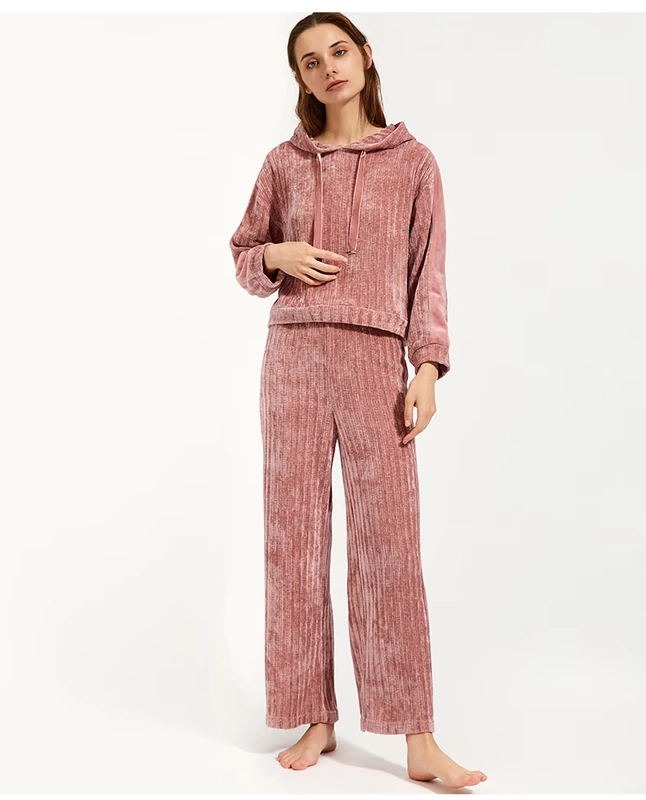 PJM chenille pyjama phụ nữ mùa thu / mùa đông nhung dệt kim lỏng có mũ trùm đầu thời trang ấm áp có thể được mặc bên ngoài dịch vụ tại nhà - Cặp đôi