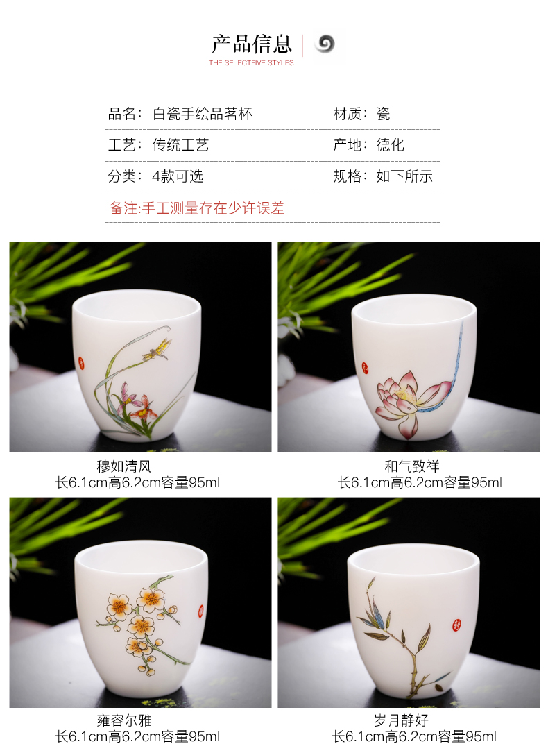 Don difference up Chinese wind master cup of dehua white porcelain ceramic cups kung fu tea large single hand tea cups of tea