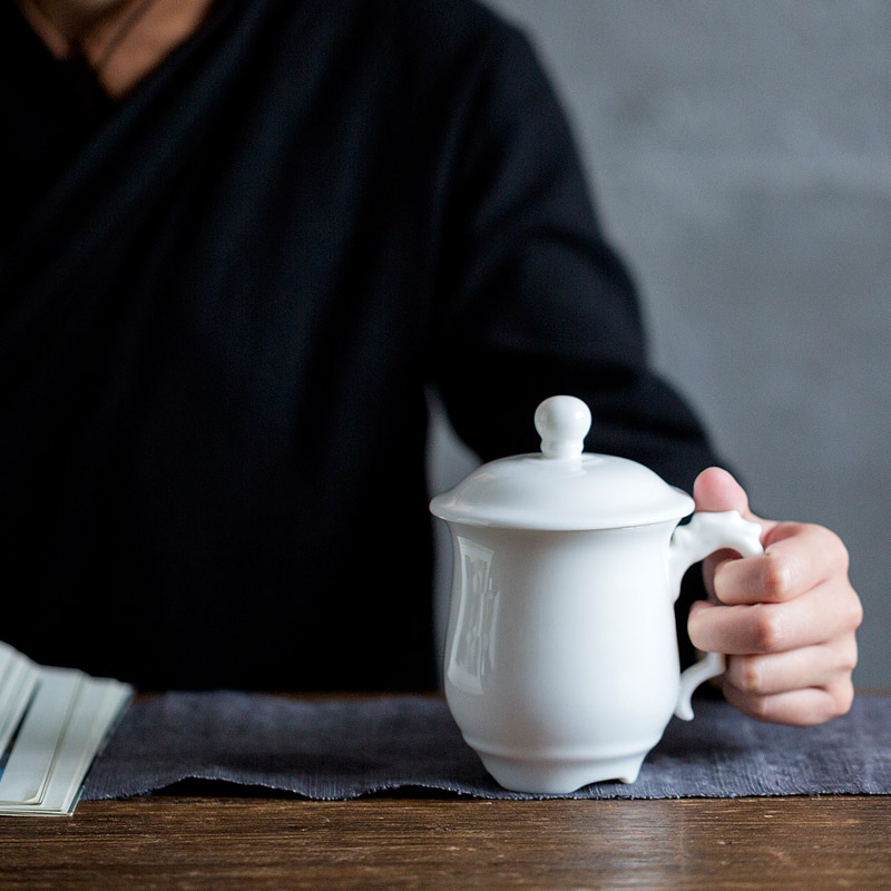 Don difference up Chinese longfeng dehua white porcelain ceramic cups with cover large cups with a cup of water glass office meeting