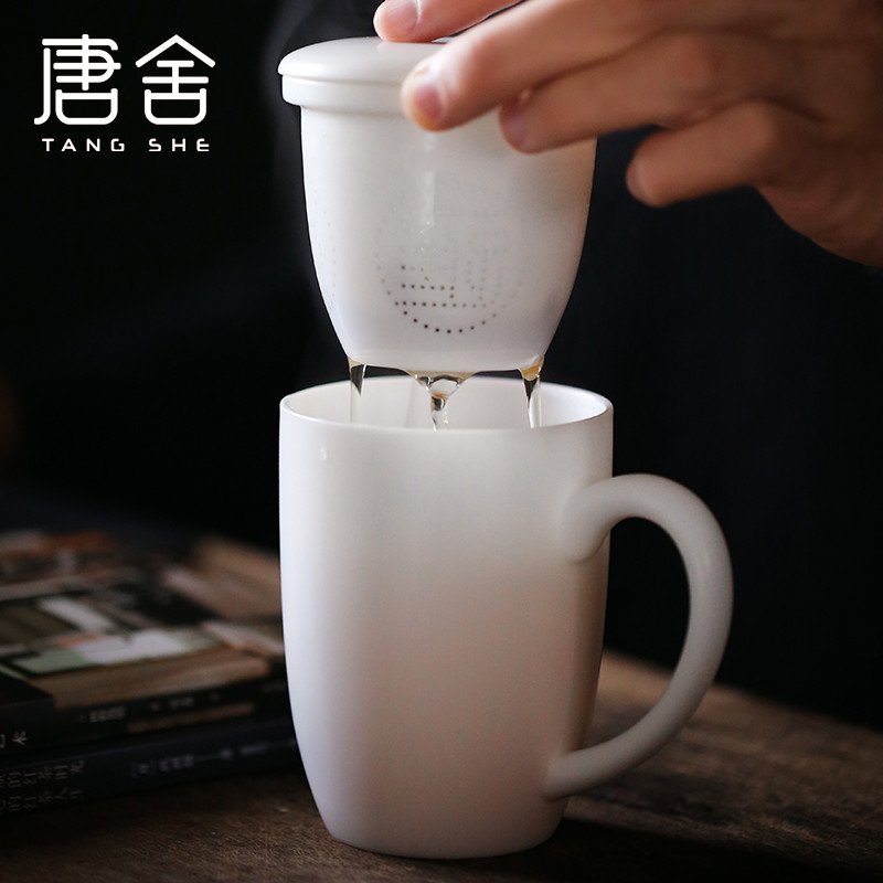 Tang s suet jade dehua white porcelain office glass ceramic keller with cover filter glass individual cup cup and meeting