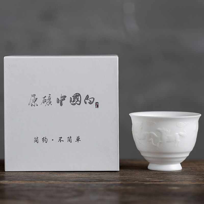 Tang s relief eight steed dehua white porcelain cup sample tea cup by hand master cup single CPU kung fu tea set personal cup