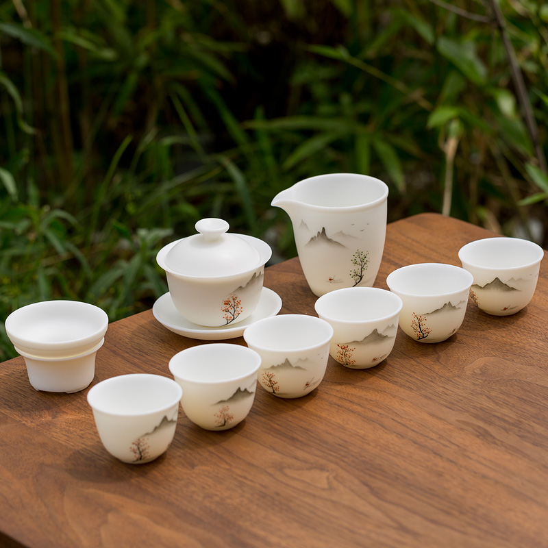Don difference up dehua suet jade white porcelain hand - made tureen kung fu tea set office home sitting room ceramic tea cup