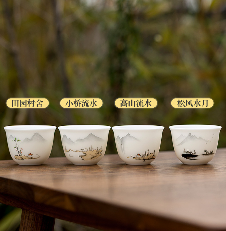 Tang s hand - made landscape suet jade white porcelain masters cup cup kung fu tea cup pure checking ceramic tea cup