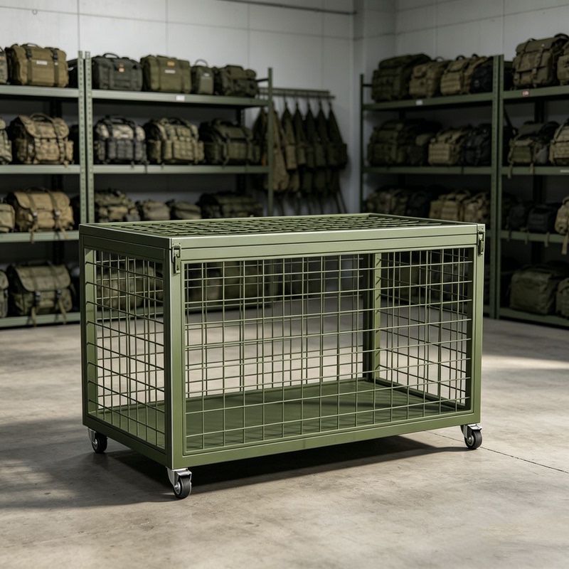 Military Green Mesh Storage Cage Heavy-Duty Mesh Basket Mobile Combat Readiness Supplies Wheeled Cargo Box Camping Equipment Box with Tray