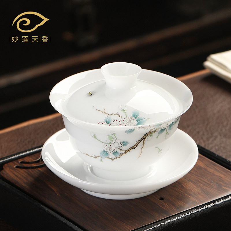 High-end hand-painted pink 3-only cover bowl single not bronzed by hand Deed ice seed jade Porcelain Tea Bowl ceramic white porcelain tea cup-Taobao