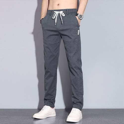 Мужские светлые летние тонкие эластичные спортивные приталенные штаны для отдыха, свободный прямой крой, на шнурках