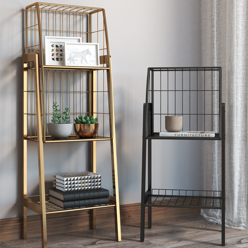 Nordic minimalist floor Trapezoidal Bookshelf Iron Art Shelving shelf Grids shelf Living room Multi-layer simple display shelf