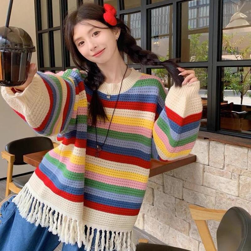 Rainbow Striped Tassel Long-Sleeve Knitted Sweater for Women 2024 Autumn and Winter New Loose Niche Unique Top Trendy