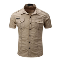 High quality Mens Cargo Shirt Men Casual Shirt Solid Short S