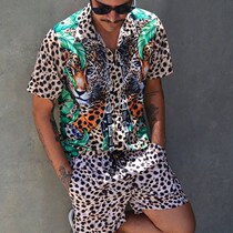 Men Hawaiian Sets Summer Leopard Printing Short Sleeve Butto