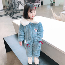 Girls jumpsuit autumn and winter thickened velvet coral velvet pajamas cute children flannel baby kicks home clothes
