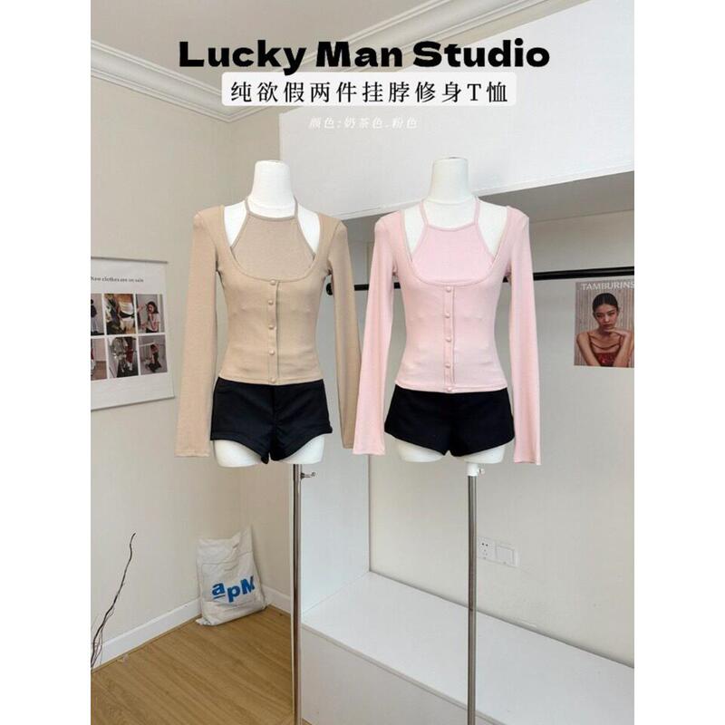 Luckyman Cappuccino Fake Two-Piece Halter Neck T-Shirt for Women, Autumn/Winter Korean Style Slim Fit Top with a Pure and Alluring Design