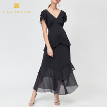 2019 New summer high-end V-collar feminine dress waist temperament slim ruffle hem skirt