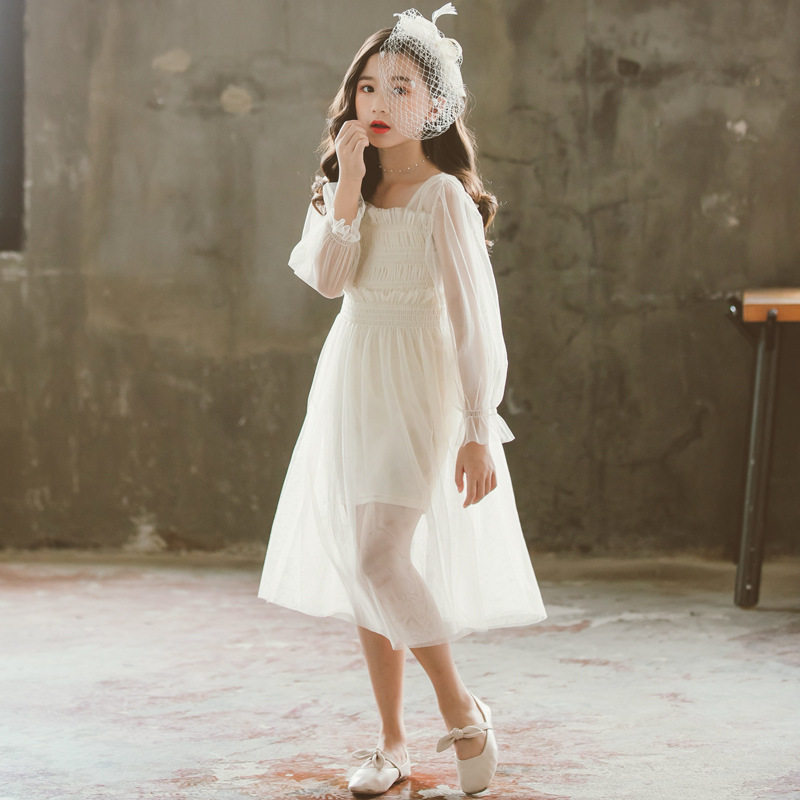 UK NextKiss girl child two sets 2022 spring summer long sleeves waist display slim mesh yarn Breast Fairy dress