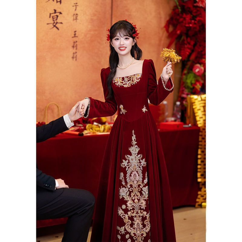 New Chinese-Style Morning Robe for Women, Bride 2026 New Red Engagement Toast Dress, Homecoming Thank-You Long-Sleeve Formal Dress