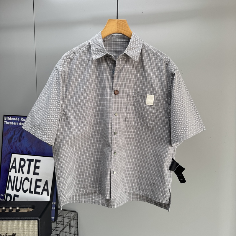 American-Style Trendy Blue-Gray Plaid Short-Sleeve Shirt for Men, Summer Fashion, Loose Fit, Pure Cotton, Five-Quarter Sleeve Shirt